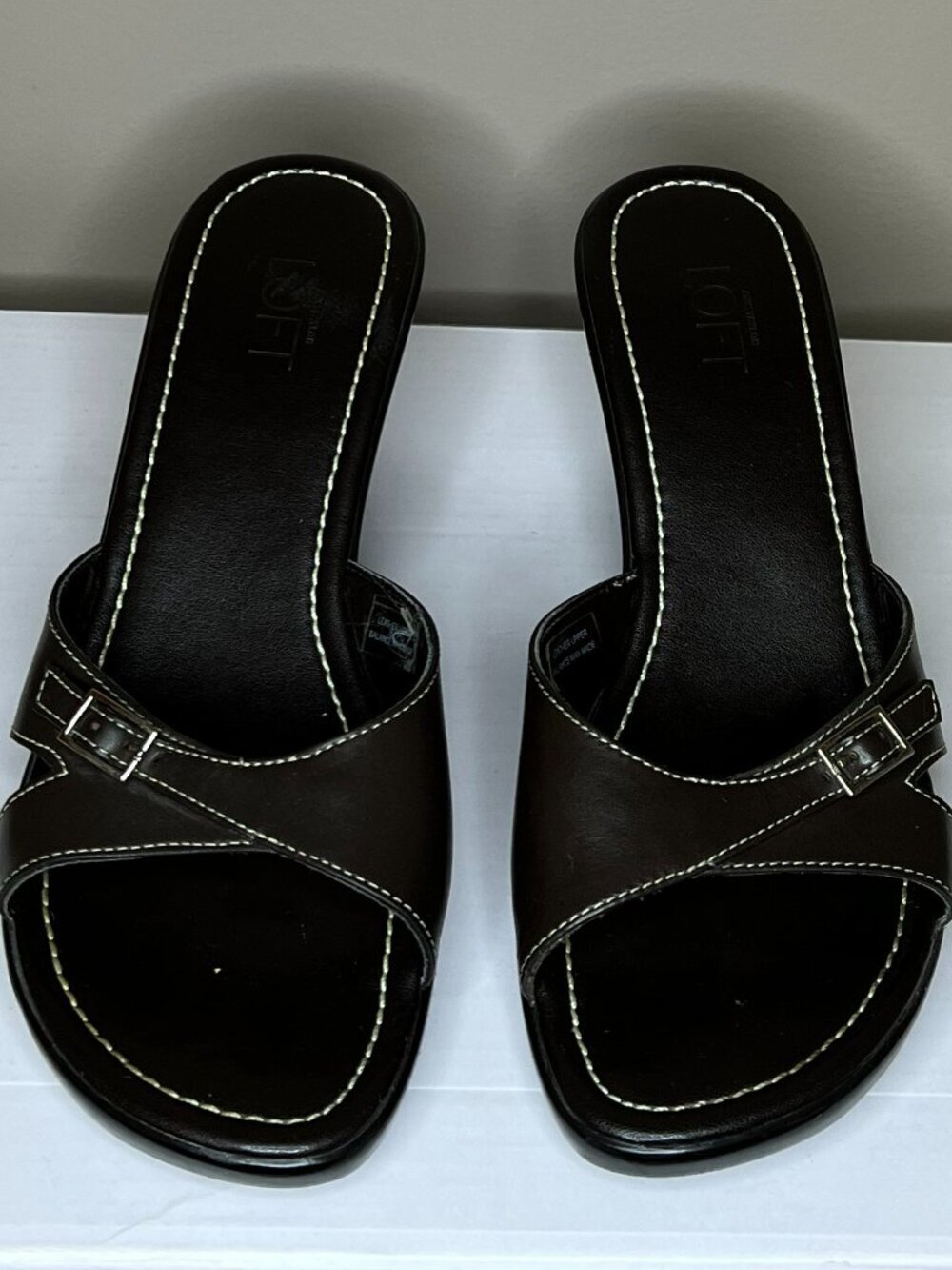 Ann Taylor Loft Brown Leather Slide Sandals Women's Size 8.5 Wedge Heel